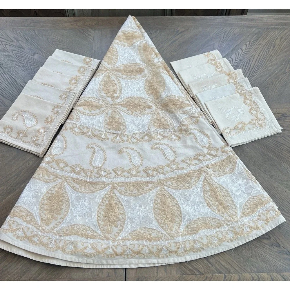 Vintage Aghabani Embroidered Orientalist Cotton Silk Tablecloth + 10 Napkins